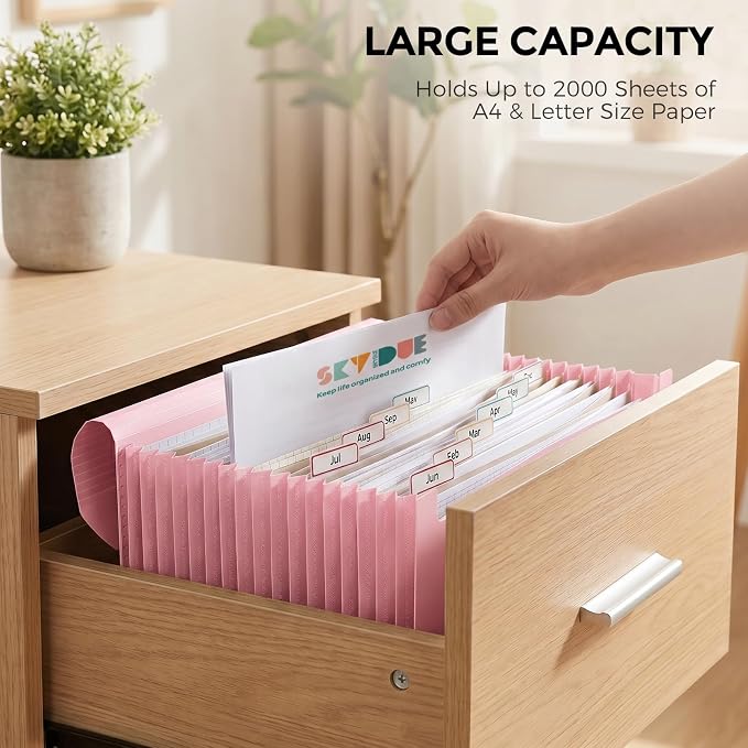 SKYDUE Accordion File Organizer, Expanding File Folder with 13 Pockets, Portable Document Paper Bill Receipt Organizer, Home School Pink Office Supplies, Letter A4 Size