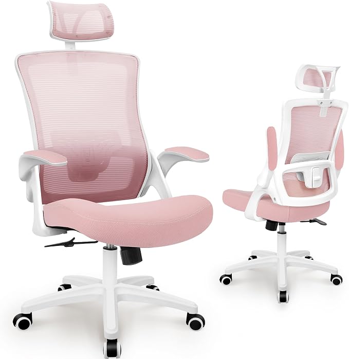 NEO CHAIR Office Desk Chair with Ergonomic High Back Mesh Headrest, Pink | Adjustable Headrest and Lumbar Support with Flip-Up Armrests Designed for Extended Sitting Comfort While Saving Space