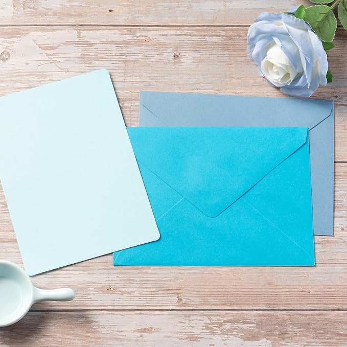 25 Pieces A7 Colored Envelopes with Cards and Stickers Set, Blue 5Colors | 5x7 inches Envelopes For Weddings, Invitations, Birthday, Baby Shower
