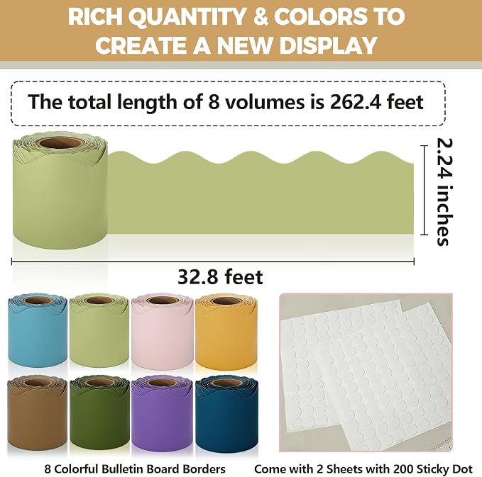 Bulletin Board Borders, 8 Rolls 262.4 Ft, Boho Bulletin Board Decorations | Colorful Scalloped Trim, Back to School Classroom Decor, Chalkboard Wall & Whiteboard Trim DIY, Home, Office, Posters & Party