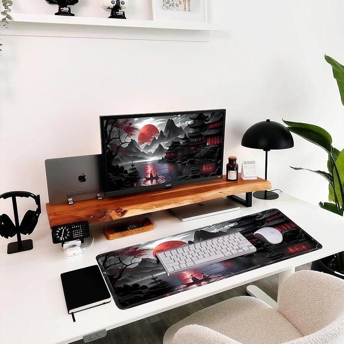 Japanese Sakura Mouse Pad, Red Moon, 31.5x11.8 Inch, Black Anime | Anime Desk Mat, Large, Non-Slip Rubber Base, Waterproof, Stitched Edges