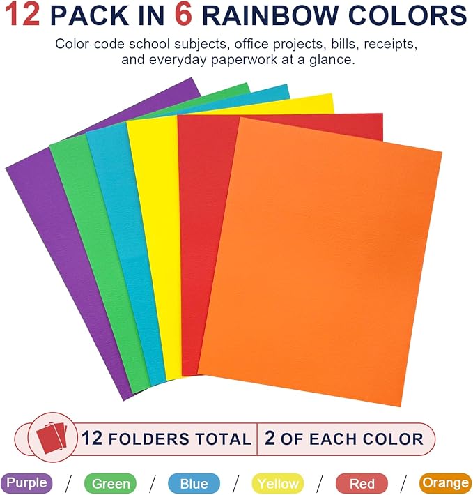 2 Pocket Folders, Paper File Folders with Pockets, Letter Size, 12 Pack | 8.5x11 Paper, Business Card Slot, Black to School Supplies, For Kids, Students, Teachers, Office Organization