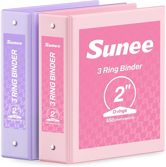 SUNEE 3 Ring Binder 2 Inch 2 Pack, Clear View Binder Three Ring PVC-Free (Fit 8.5x11 Inches) for School or Office Supplies, Pink & Purple