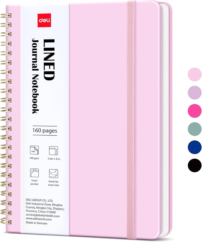 deli Pink Lined Spiral Journal Notebook, 160 Pages, A5 (5.5"x8") Hardcover Writing Notebook, College Ruled Spiral Bound Journal for Women & Men - Perfect for Work, School, Office & Note Taking