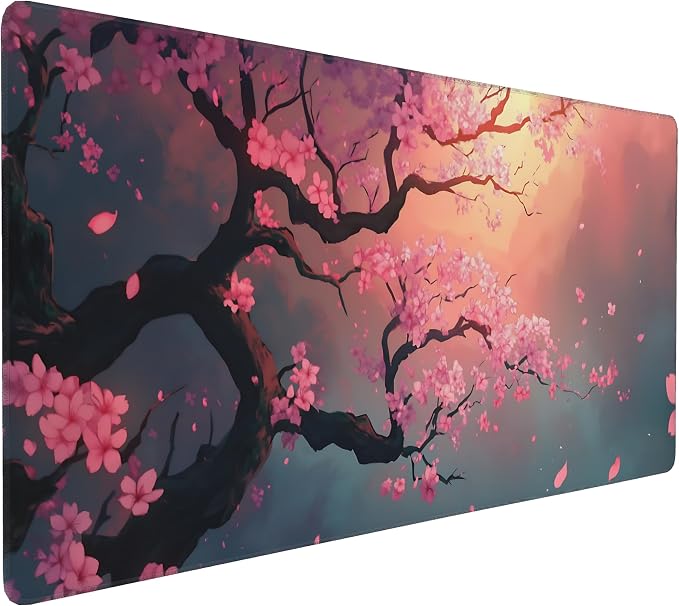 Cute Floral Aesthetic Cherry Gaming Mouse Pad, Pink Japanese Desk Mat with Anti-Slip Base & Stitched Edges,35.4" x 15.7" in Table Mat for Computer Desktop, Beautiful Workstation Decor