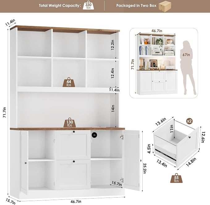 72'' Tall File Bookcase with Power Outlet & Printer Stand, 2 Filing Drawers | Bookshelf with Doors & 2 Adjustable Drawers for Hanging Letter/A4 File, Wood File Cabinets For Home Office Storage, White