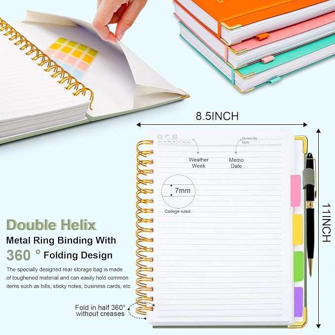 Hardcover Spiral Notebook 8.5"x11" Journal Notebook with Tabs and Removable Dividers 300 Pages 5 Subject Notebook College Ruled, Faux Leather Spiral Bound Notebook for Women School Work (Sage Green)