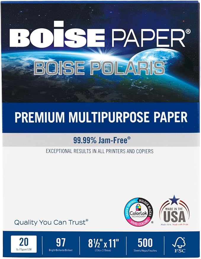 Boise POLARIS Premium Multi-Use Printer & Copy Paper, 10 Reams, White, Letter (8.5inx11in), 5000 Sheets Per Case, 20 Lb, 97 Brightness, FSC Certified