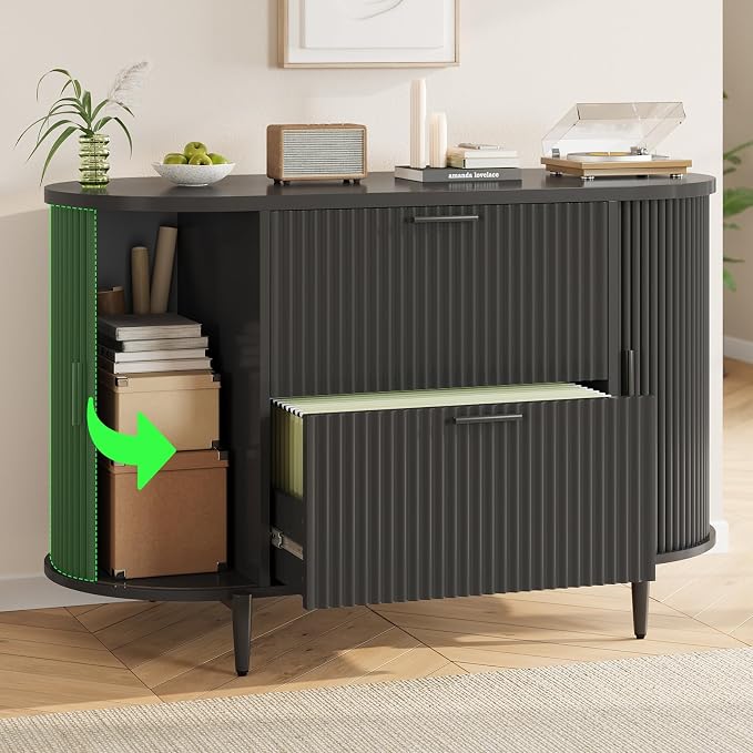 SEDETA Fluted 2 Drawer Filing Cabinet with 2 Sliding Door for Home Office | 39.4" File Cabinet for Home Office,fit Legal/Letter/A4 Siz,Modern File Cabinet with 2 Drawers,Printer Stand,Black