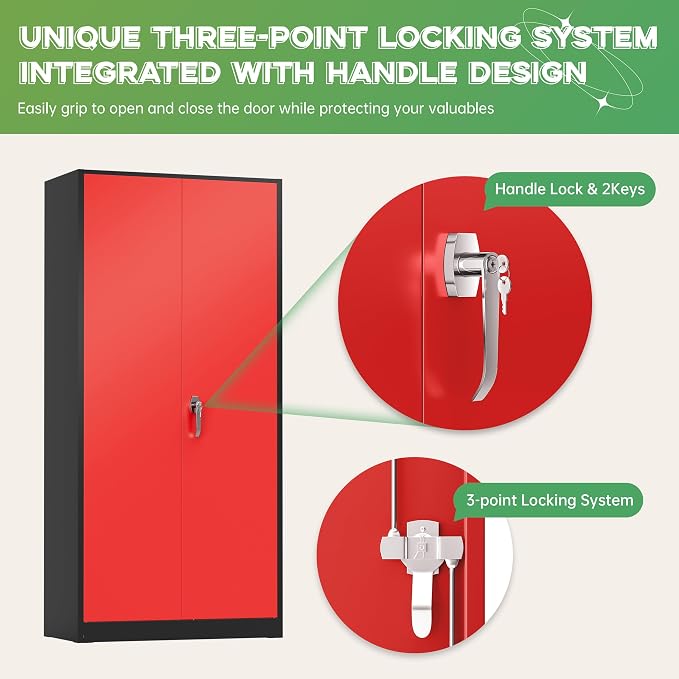 Metal Storage Cabinet,72" Steel Lockable File Cabinet with Locking Doors and Adjustable Shelves,Locking Tool Cabinets for Office,Home,Garage,Gym,School (Black Red)