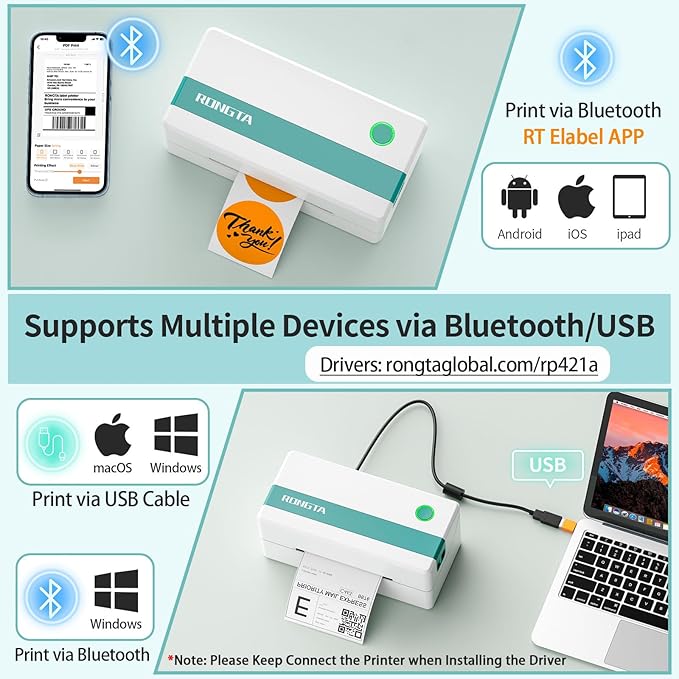 Rongta Thermal Shipping Label Printer, Bluetooth Wireless 4x6 Sticker Label Maker for Package, Compatible with Windows, Mac, Android & iPhone, Used for Small Business