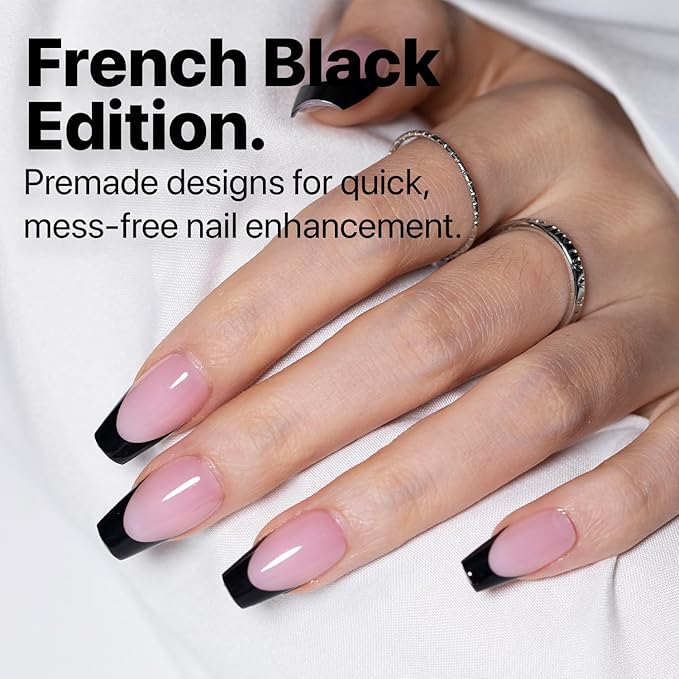 SXC Cosmetics French Tip Press On Nails 150 Pieces in 15 Sizes Ultra Fit with Pre-applied Tip Primer and Base Coat, No Need to File Fake Nails for Nail Art DIY X-Pro Tips (BLACK119-S Coffin)