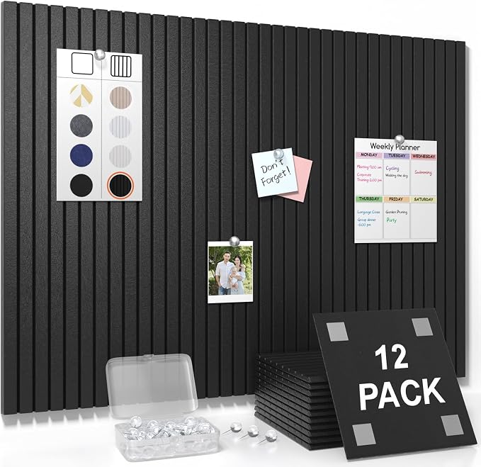 Large Felt Bulletin Board 48"x36"- 12 Pack Self-Adhesive Pin Board Tiles with 35 Push Pins & 50 Removable Tabs, Cork Board Alternative for Office, Classroom, Home & Kitchen Decor-Black
