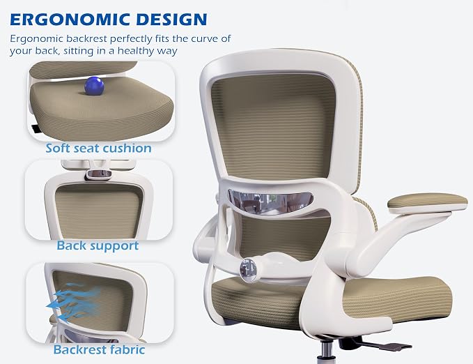 TRALT Ergonomic Office Chair Desk Chair with Adjustable Lumbar Support | Desk Chair Comfy with Flip-up Armrests Ergonomic Chair - Mesh Computer Chairs for Adults, 330lbs, PU Leather (Khaki, 1)