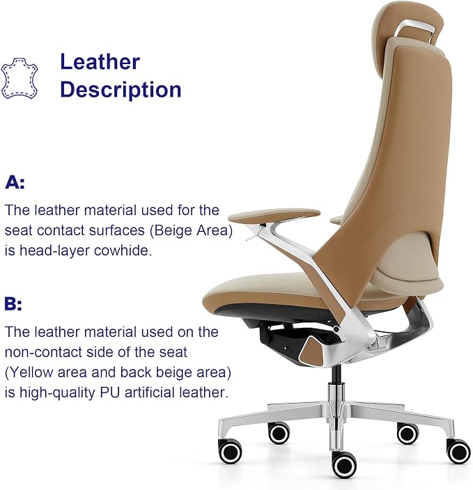Genuine Leather Executive Office Chair，Top-Grain Cowhide, Ergonomic Design | Adjustable seat and headrest heights, 3-position recline (lockable)—suitable for home offices and high-end office settings.