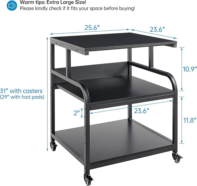 Fannova 25.6"x23.6" Extra Large Printer Stand with Adjustable Storage Shelf | Heavy Duty 3D Printer Table with Metal Frame, 3 Tier Rolling Printer Cart with Industrial Wheels for Home Office, Black