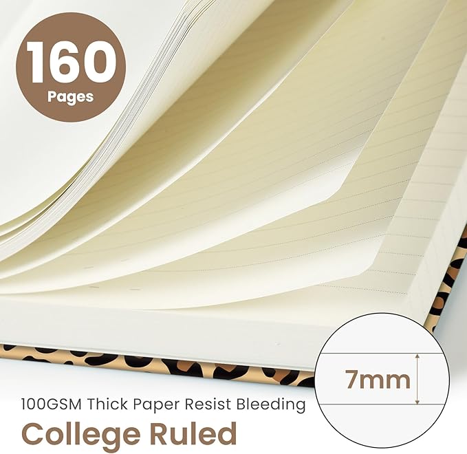 Taja Lined Journal Notebook for Women & Men, Hardcover Leather Journal for writing, A5 College Ruled Notebook for Work & Note Taking, Perfect for Office School Home Supplies, 160 Pages, Leopard
