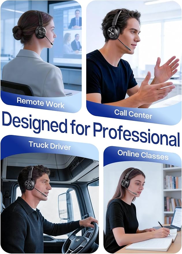 Trucker Bluetooth Headset, Wireless Headset with Microphone | USB Dongle, On Ear Bluetooth Headphones with AI Noise Cancelling 50H Playback Mute Button for Truck Driver Office Work, Black
