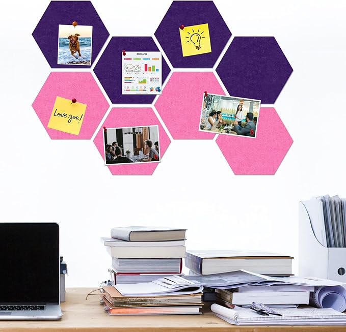 Large Hexagon Felt Cork Board Tiles, Self Adhesive DIY Felt Bulletin Board Pin Board with 35 Pushpins for Office School Home Wall Decor Stickers Memos Photos Display(Purple+Pink)