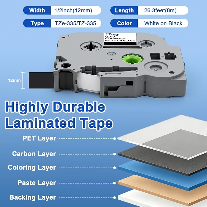 TZe-335 12mm 0.47 Laminated Label Tape White on Black Tze Tz Tape | Compatible with Brother P-Touch PT-D200 PT-D210 PTH100 PT-H110 H111 PT-D400 Label Makers,1/2 Inch x 26.2 ft (4-Pack）