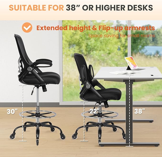 Drafting Chair Adjustable, Tall Office Chair Lumbar Support Ergonomic Standing Desk Chair Heavy Duty Tall Drafting Stool for Artists with Footrest Home Office Drafting Stool