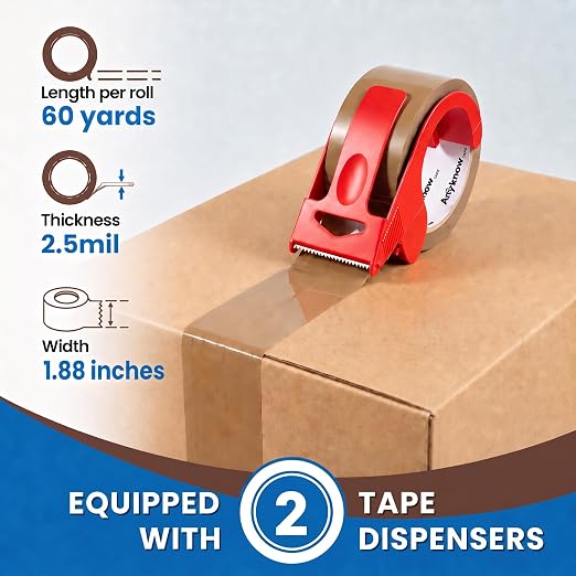 12 Rolls Heavy Duty Brown Packing Tape with 2 Dispenser 1.88 In x 60 Yds | Strong Adhesive Packaging Tape, Moving Tape for Boxes, For Carton Sealing, Shipping, Mailing & Storage, 2.5 mil Thickness