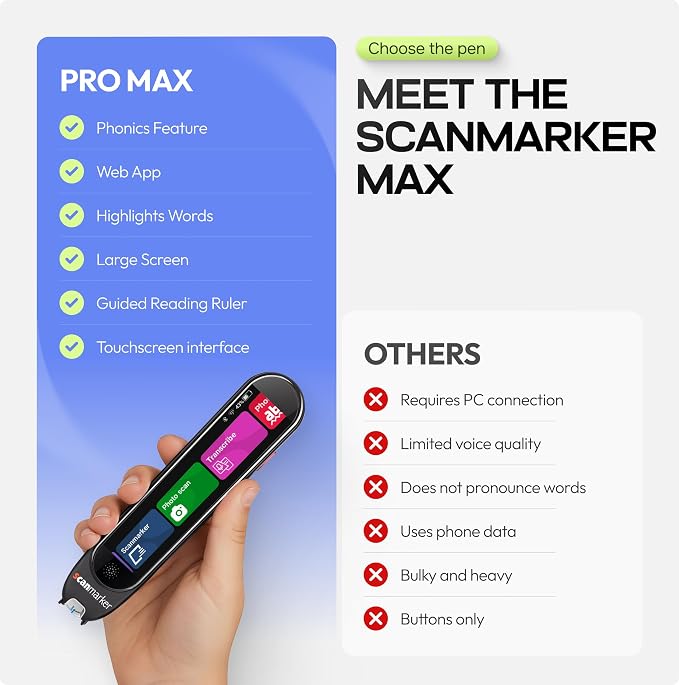 Scanmarker Max Back to School Supply Bundle Reading Pen + Phonics Cards | Designed for Classroom Support with Phonics Assistance, Lock Function and Assistive Web App
