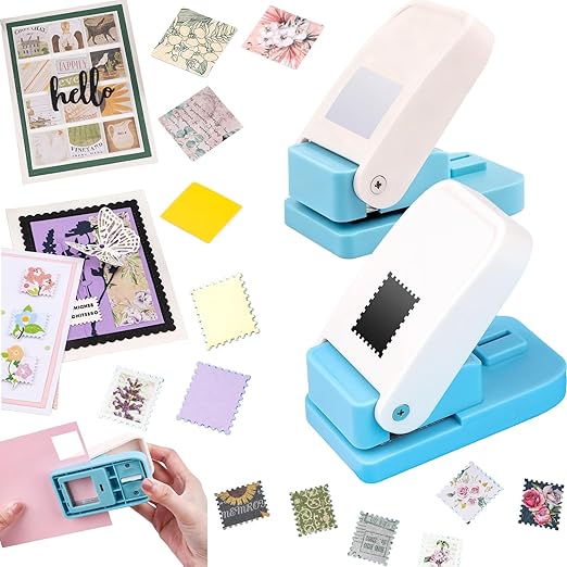 2Pcs Stamp Punches, 1x0.8 inch Rectangular Postage Stamp Shapes Puncher & 1" Square Craft Hole Punch, Lever Action Craft Punch for Paper Crafting Scrapbooking Stamping-Out Cutter Crafts Supplies Tools