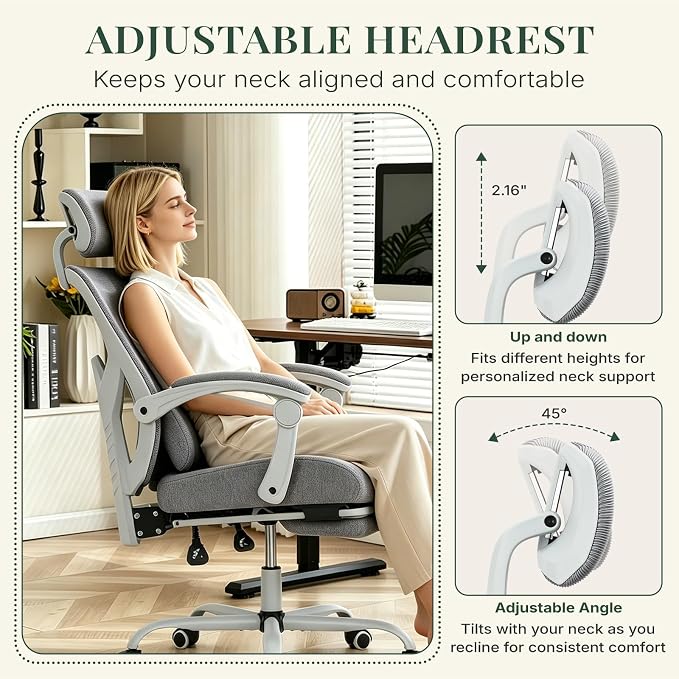 Ergonomic Office Chair with Footrest, Computer Gaming Chair | Adjustable Headrest, Lumbar Support, Swivel Reclining, Padded Armrest, Mesh High Back, Home Desk Work Study, Grey