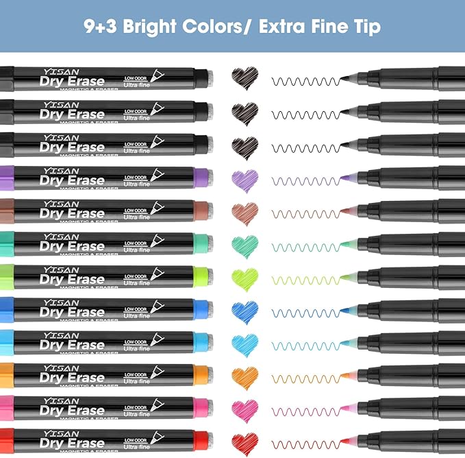 YISAN Dry Erase Markers Ultra Fine Tip,0.7mm Extra Fine Point, Magnetic Whiteboard Markers with Erasers,Assorted Colors, Low Odor,12 Count,70566