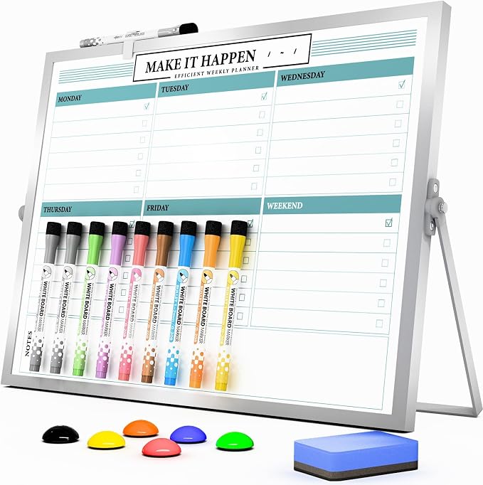 Weekly Calendar Whiteboard with Stand, Dry Erase Magnetic 16"x12" | 10 Markers, 6 Magnets, 1 Eraser, Portable Desktop Weekly Schedule Whiteboard for School, Office & Home Planning