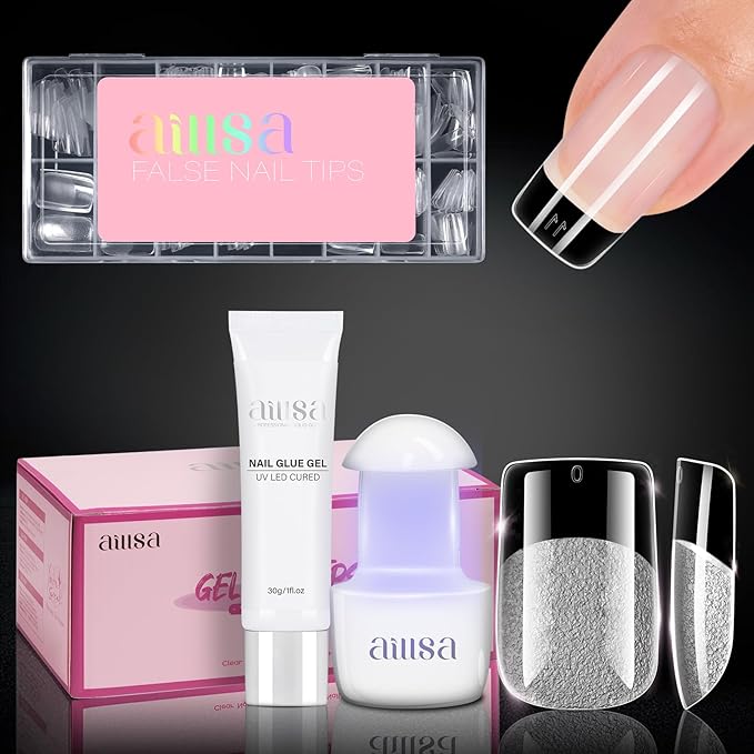 AILLSA Gel Nail Kit Short Square Nail Tips 120pcs, Solid Gel Nail Glue 30g for Acrylic Fake Nails, Nail Tips Glue Gel Kit with U V Lamp