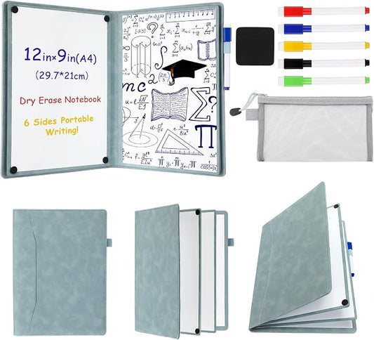 Feifeiya 6 Sides Dry Erase Notebook, Blue, A4 9" X 12" | Portable Reusable Whiteboard Notepad 6 Side Foldable Dry Erase White Board for Planner Office Study Business Meeting Supplies