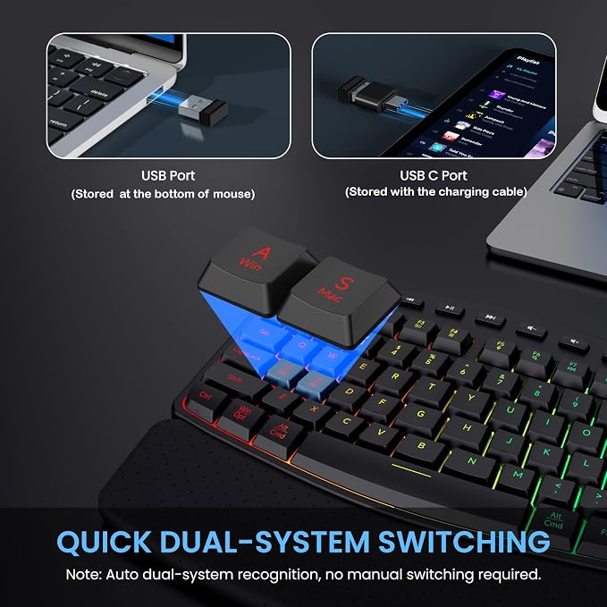 RGB Wireless Keyboard Mouse Combo with Ergonomic Wave, Silent Rechargeable | Soft Leather Wrist Rest, Light up Letter, 15 Lighting RGB Backlit, 3200 DPI 2.4G Mouse for PC Computer Laptop Windows Mac