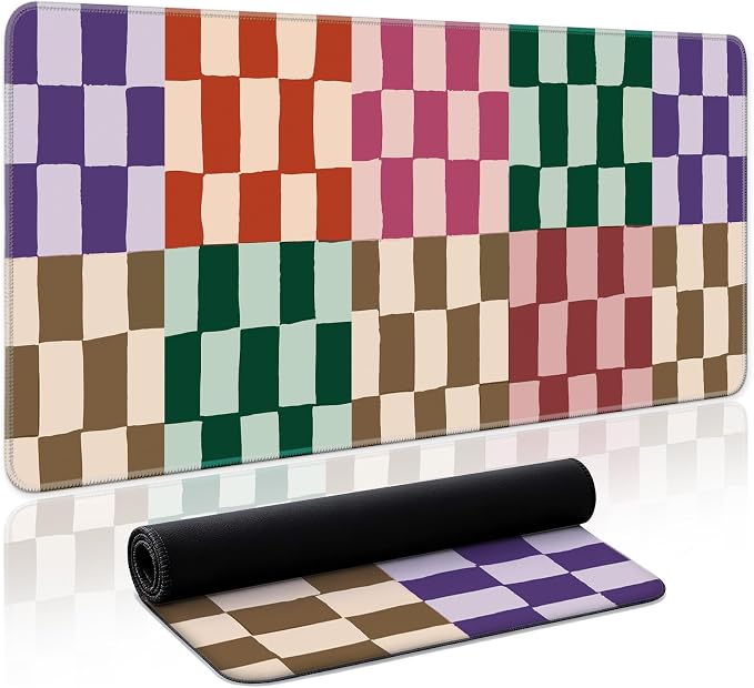 Aesthetic Desk Mat, Cute Checkered Pattern Desk Pad Protector for Work & Decor, 35.4" x 15.7", Pretty Non-Slip Extended Mouse Pad for Office or Home