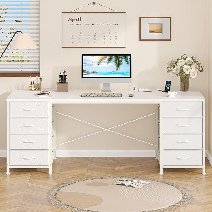 60 Inch Computer Desk with 8 Drawers for Home Office, Bedroom, Living Room | Home Office Desk with Power Outlets, Work Study Gaming Desk with 8 Fabric Drawers, White