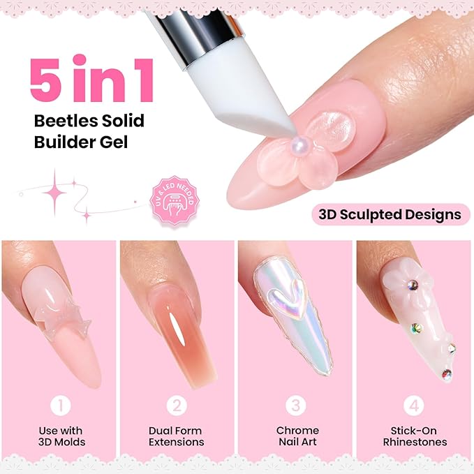 Beetles 3D Gel Nail Art with 3D Mold-2 Pcs Ballet Whisper Clear&Pink Solid Builder Nail Gel,Non-Sticky Sculpting, Dual-Ended Sculpture Pen, Beginner Friendly DIY at Home,UV LED Lamp Needed