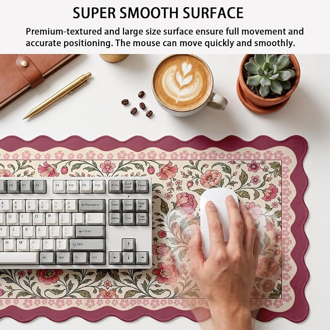 Vintage Floral Scalloped Mouse Pad Pink Olive Botanical Olive Vine XL Mouse Pad Large Mousepad Extended Laptop Keyboard Mat Gaming Desk Pad Office Computer Keyboard Laptop Home 31.5"x15.7"