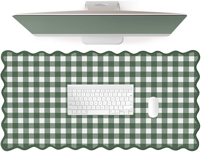Forest Green Scalloped‌ Pink Checkered Gingham Desk Mat Cute Pastel Large Mouse Pad Kawaii Cottagecore ‌Vintage‌ Girly Laptop Keyboard Computer Mat Pad Aesthetic Cozy Office Desk Decor for Women