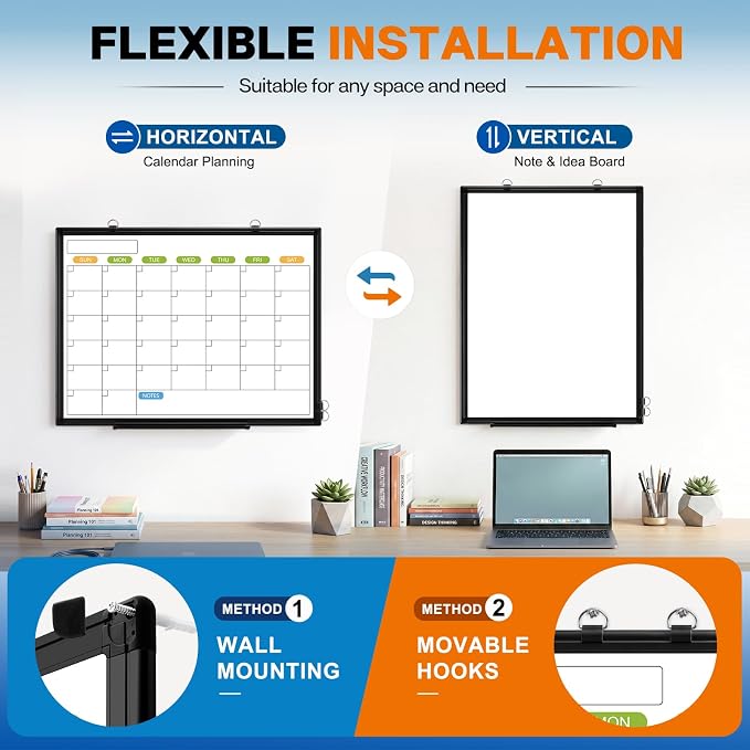 White Board Calendar 36 x 24 Monthly Whiteboard Dry Erase Calendar | Double-Sided Magnetic Calendar, Wall Planning Board with Marker Kits for Home, School, Office