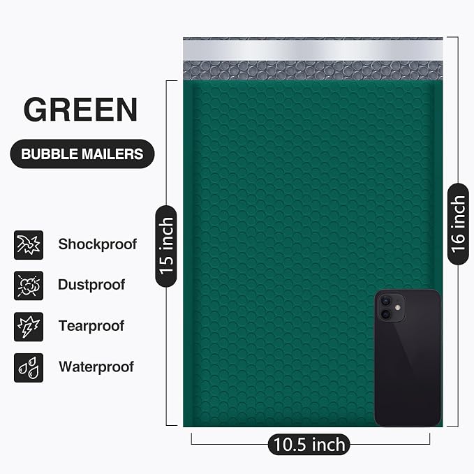 UCGOU Bubble Mailers 10.5x16" 40 Pack Usable Size 10.5x15" Green Padded | Waterproof Self Seal Adhesive Large Padded Envelopes for Small Business Bubble Packaging Envelopes for Mailing Jewelry Makeup