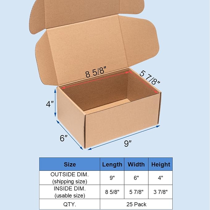 Wowxyz Shipping Boxes 9x6x4 Inches 25 Pack Corrugated Cardboard Brown Box | 3 Layers, Medium Kraft Literature Mailer Packaging Supplies Mailing Boxes for Small Business