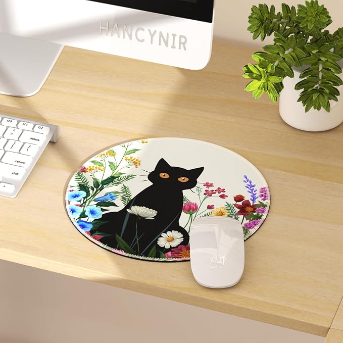 Hancynir Black Cat Floral Round Mouse Pad, Small Mousepad for Office Desk | Mouse Mat for Computer, Non-Slip Rubber Base, Office Desk Decor, Gifts for Work Coworker Teacher, 8.6 Inch, Stitched Edges