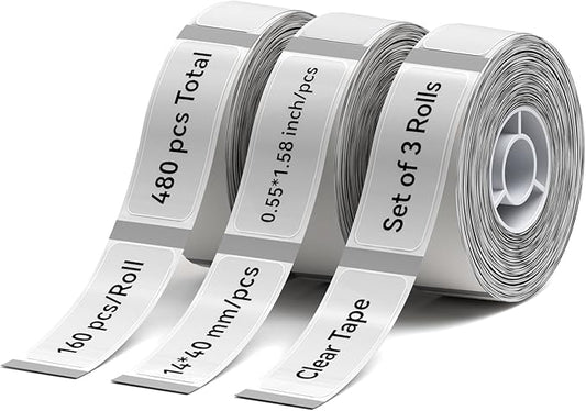 NIIMBOT D11 Label Maker Tape D110 Labels 3Rolls, Self-Adhesive Labeling Tape Replacement 0.55" X 1.57" (14 X 40mm) Thermal Label Refills for Home Office School, 480 Labels/3Rolls, Clear
