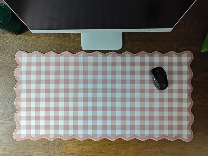 Scalloped‌ Checkered Desk Mat Cute Brown Gingham XXL Large Gaming Mouse Pad Farmhouse Cottagecore ‌Vintage‌ Keyboard Computer Mat Pad for Desktop Aesthetic Cozy Office Desk Decor