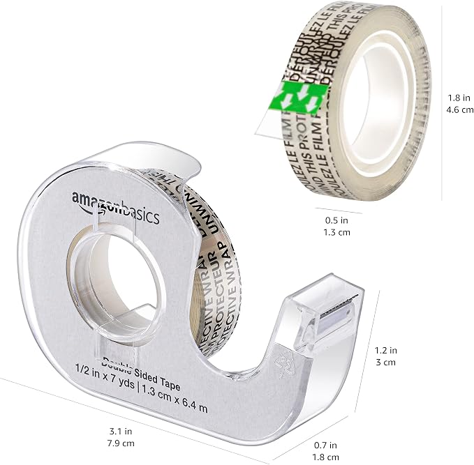 Amazon Basics Double Sided Permanent Tape with Dispenser, Narrow Width, 1/2 x 252 inches, Translucent, 3-Pack