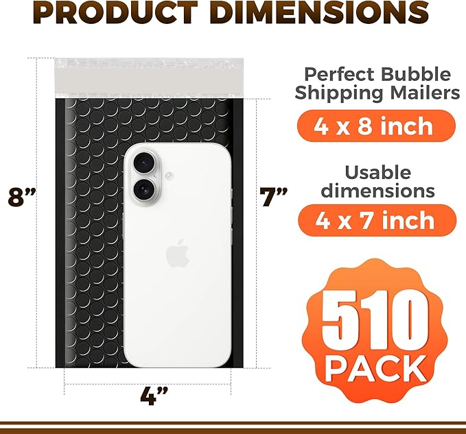 510-Pack Bubble Mailer 4'' x 8'' - Self-Sealing Waterproof Small Mailing Envelopes Padded Lightweight Shipping Bags for Accessories, Small Parts, Jewelry, Trading Cards, Compact Items 4x7 Usable Space
