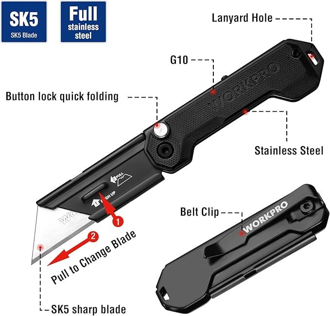 WORKPRO EDC Folding Utility Knife, Mini Box Cutter with Quick Open Axis Lock, Quick Change Blade Razor Knife, Foldable Small Pocket Knife with Belt Clip