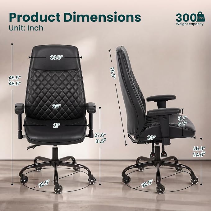 NEO CHAIR Leather Office Chair with Ergonomic Design, Executive Chair Black | Computer Desk Chair with Lumbar Support, Adjustable Height Arms, Comfy Home Office Chair, Smooth Rolling and Swivel Design