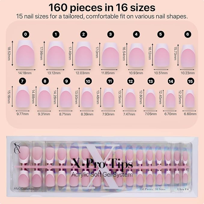 SXC Cosmetics French Tip Press On Nails Pink Short Coffin 160 Pieces in 16 Sizes Ultra Fit with Pre-applied Tip Primer and Base Coat, No Need to File Fake Nails for Nail Art DIY X-Pro Tips